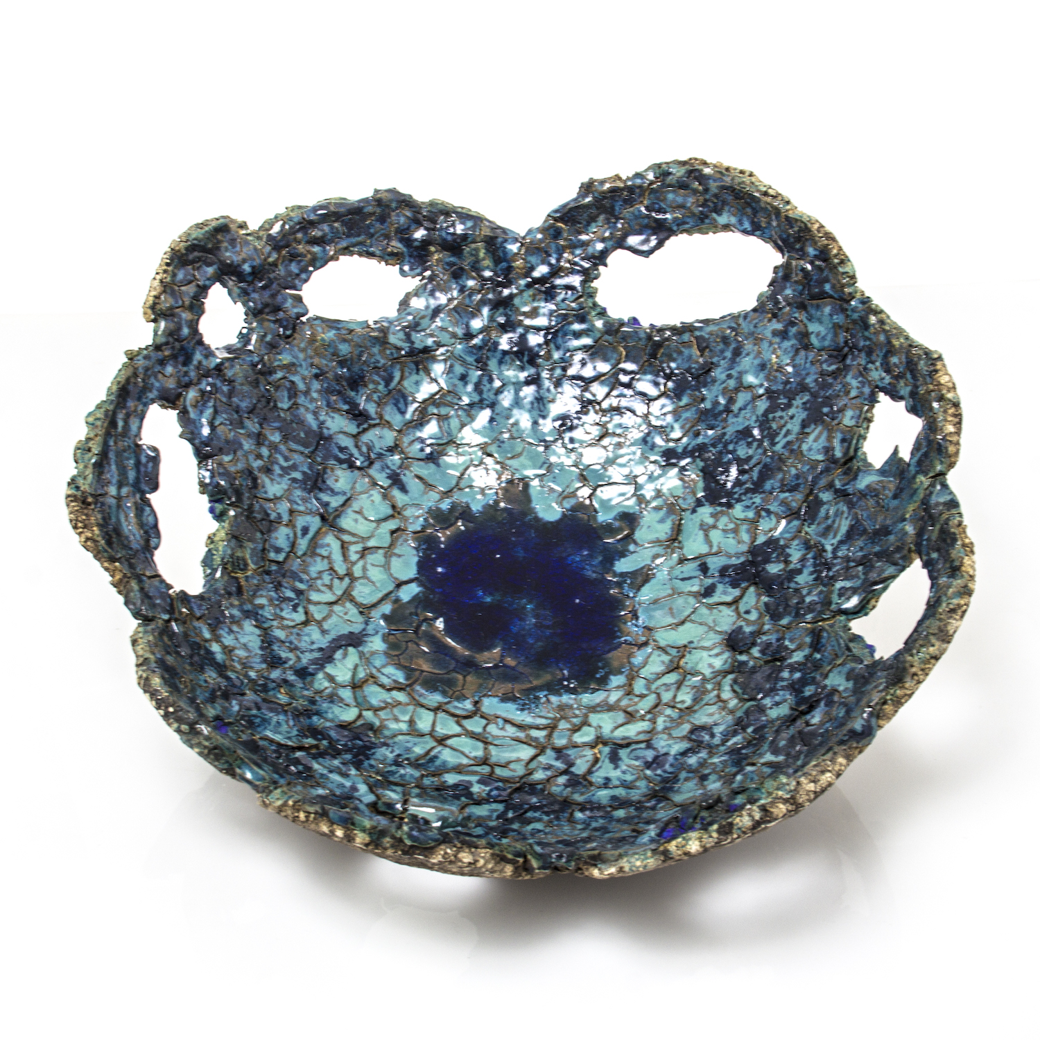 large crackled blue ceramic bowl