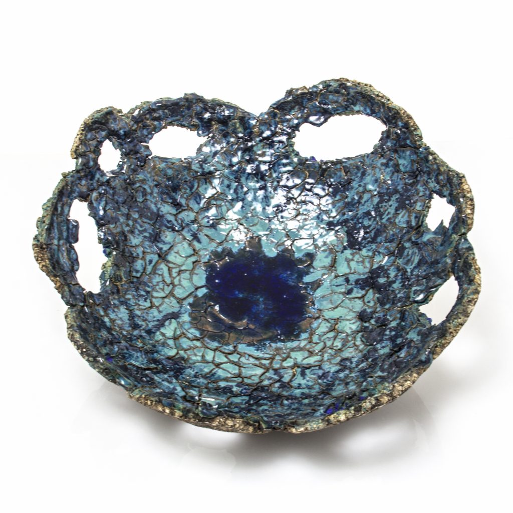 large crackled blue ceramic bowl