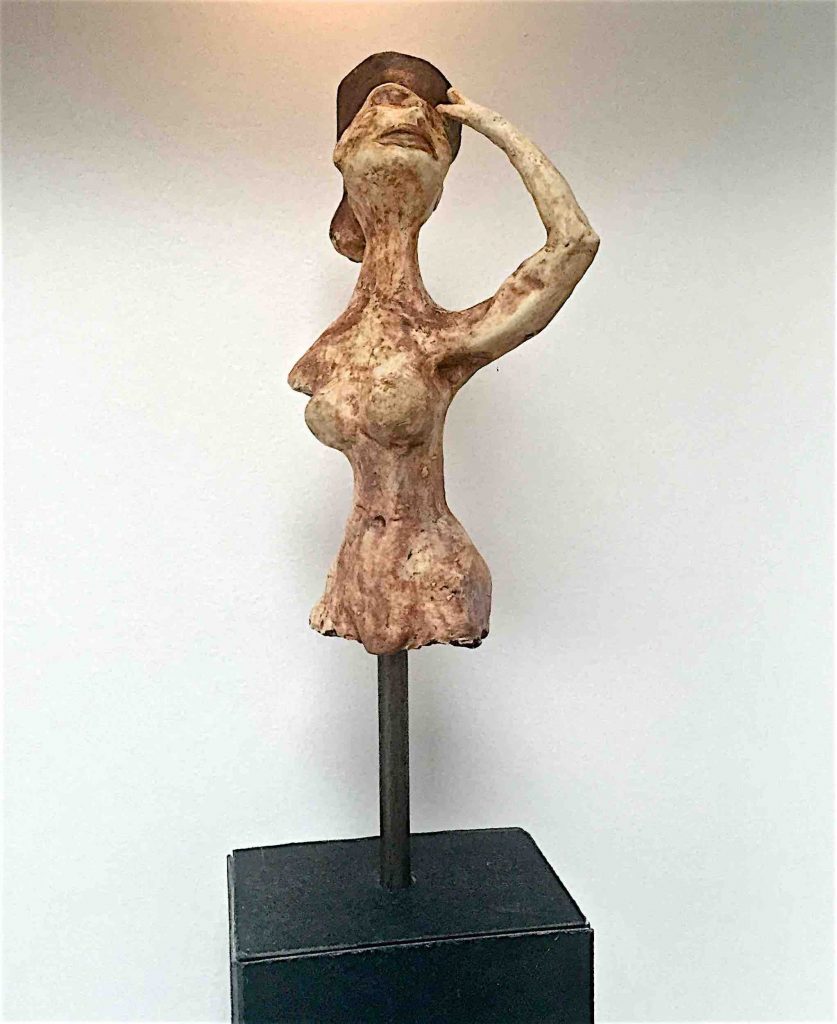 A Woman – stoneware sculpture of a female torso on a steel stand by Catharina Goldnau, Toronto