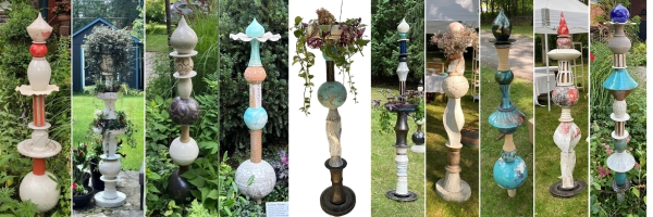 A collection of Catharina Goldnau ceramic garden totems in outdoor settings